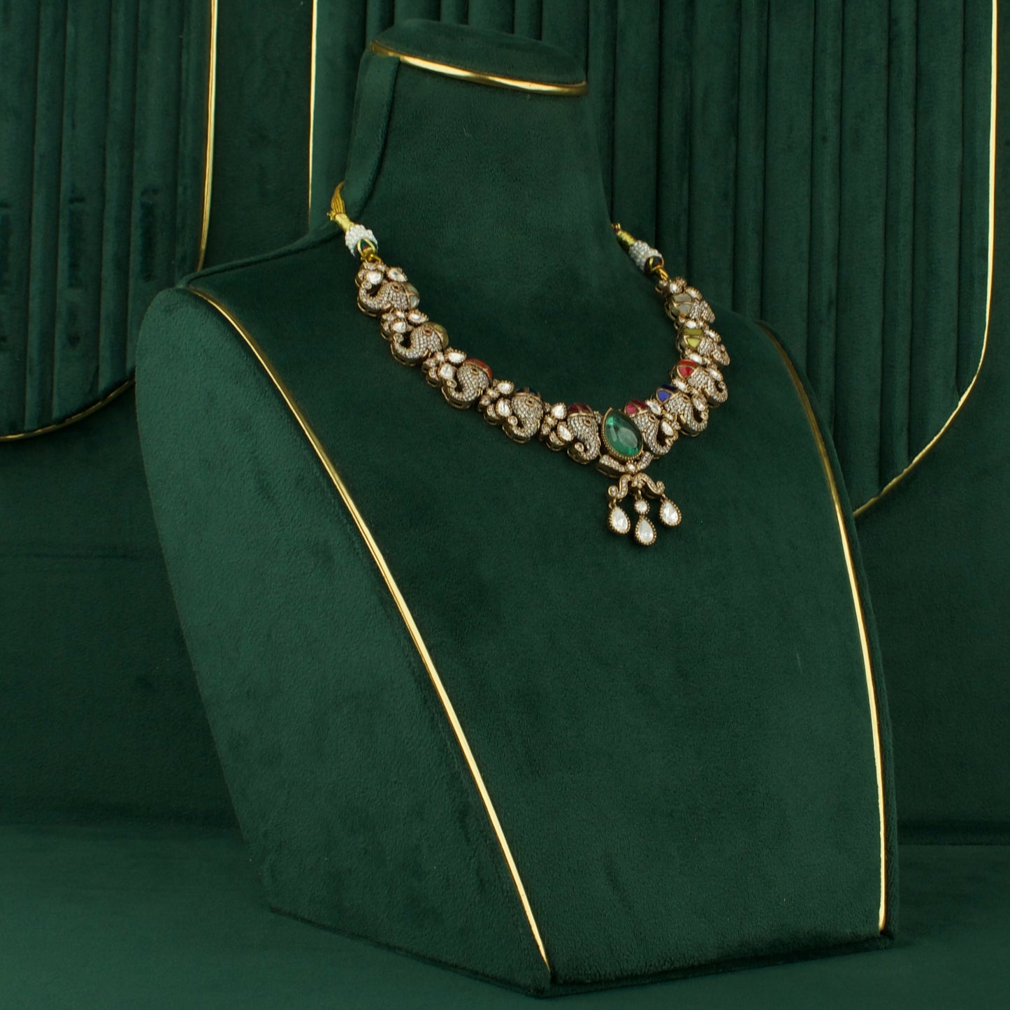 Polki Stones Navratna Necklace With Earrings