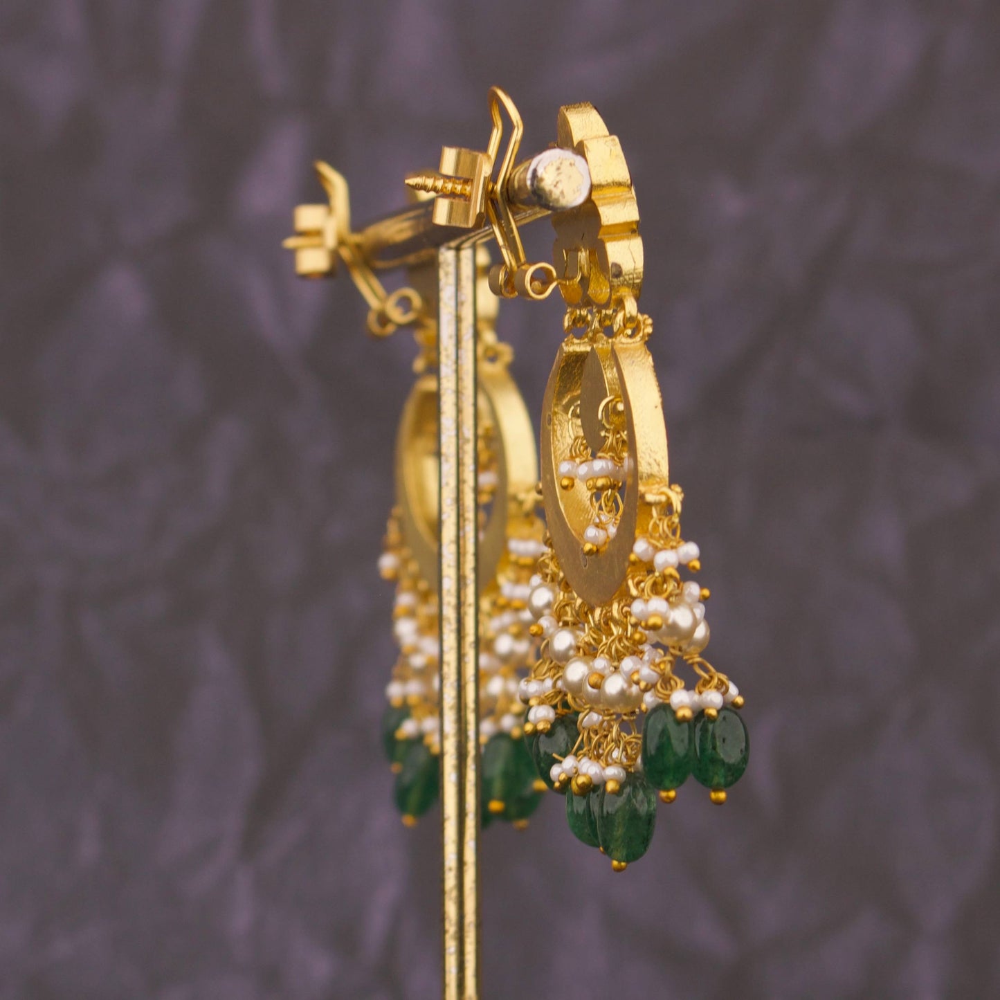Refined Jadau Kundan Chandbali Earrings With Emerald Beads