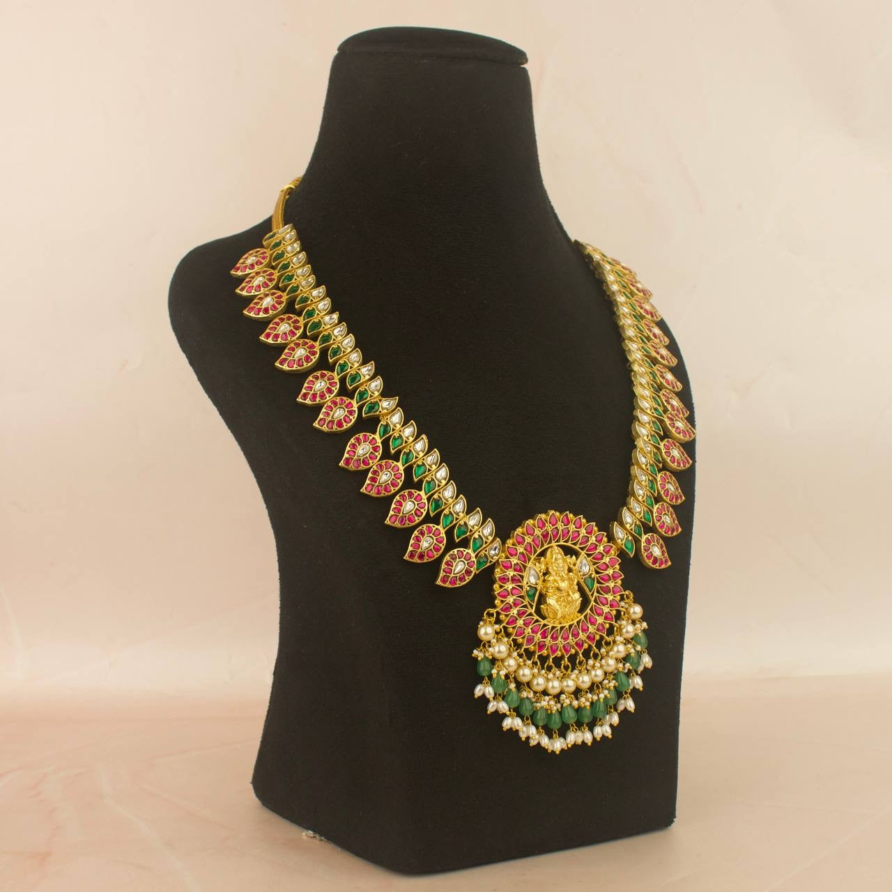 Divine jadau kundan ganesha mango haram necklace with pink stones