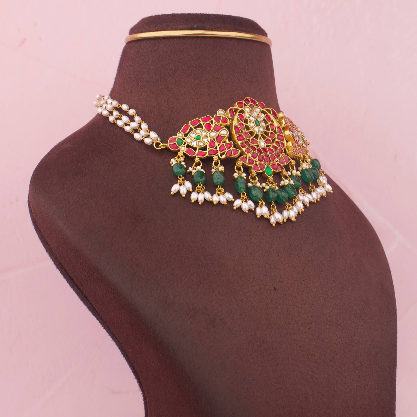 Jadau Kundan Designer Choker with Floral Motifs, Emerald Beads And Pearl Danglers