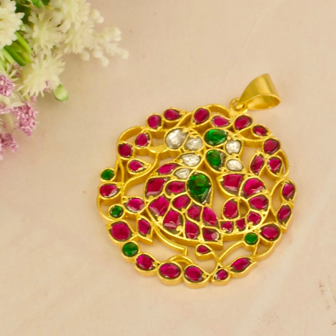 Elegant Peacock Design Jadau Kundan Locket in Gold Style