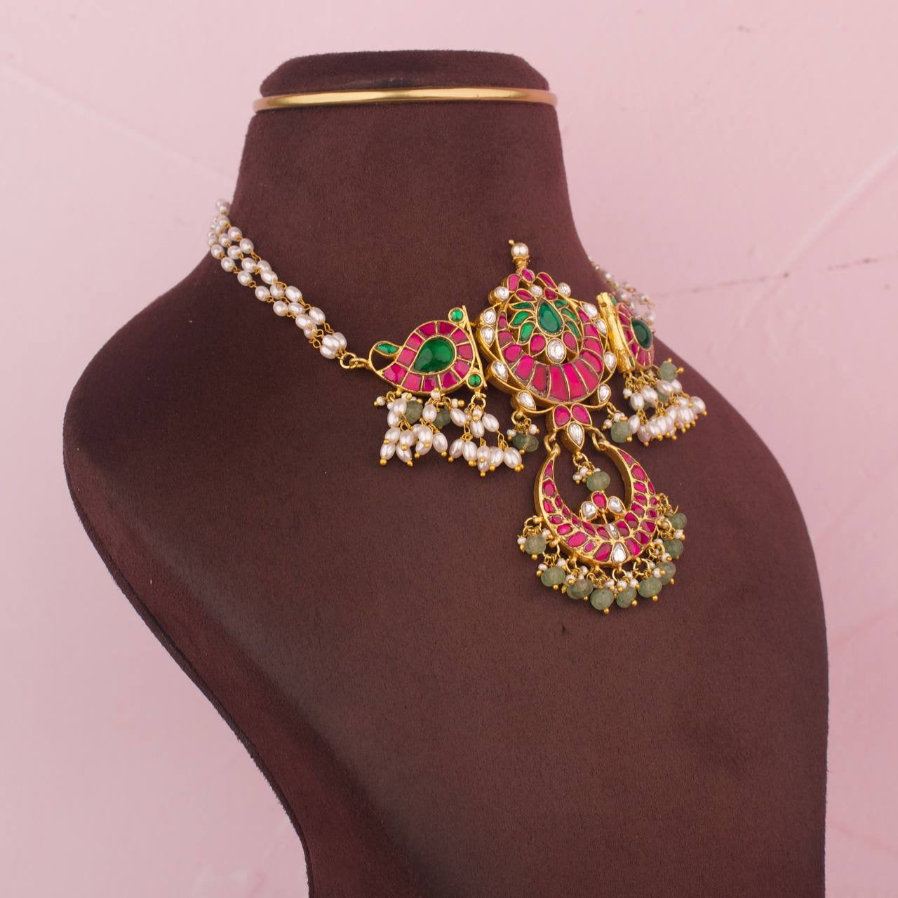 Bridal Jadau Kundan Chand Locket Choker With RicePearl Chain