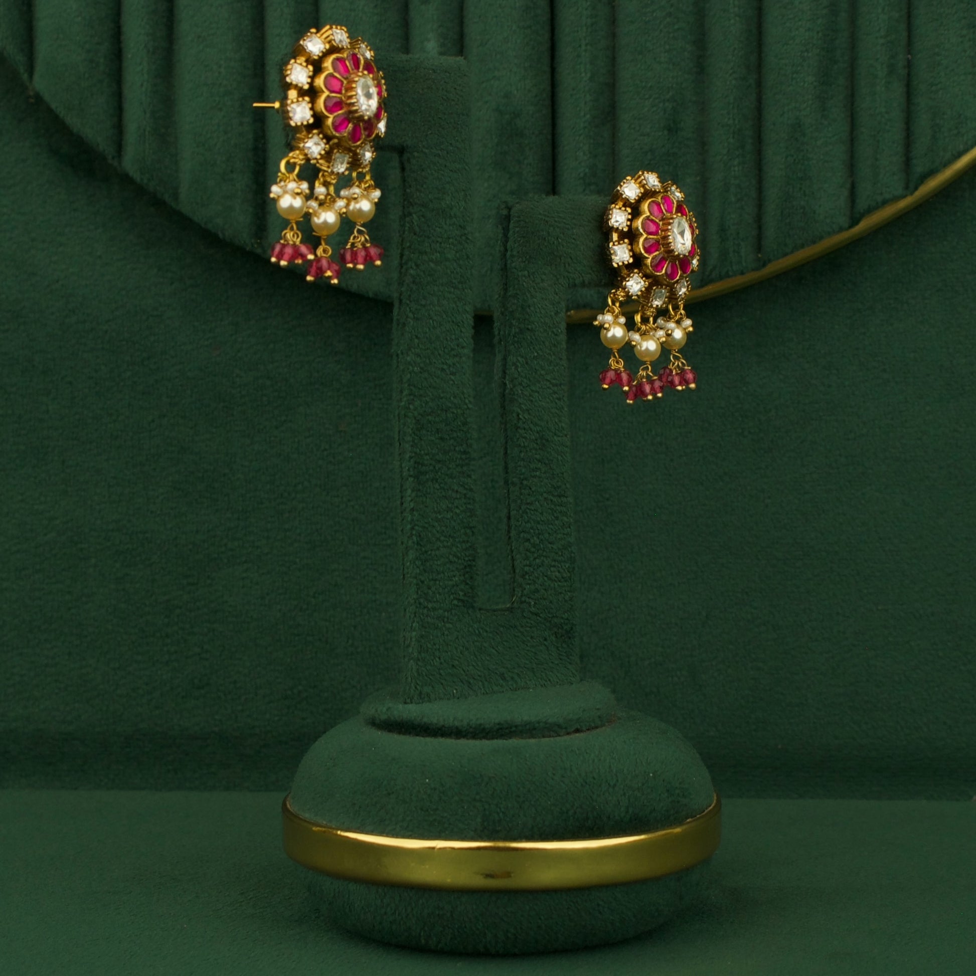 Classic Victorian Kundan & Polki Studs With Pearl & Beads Hanging