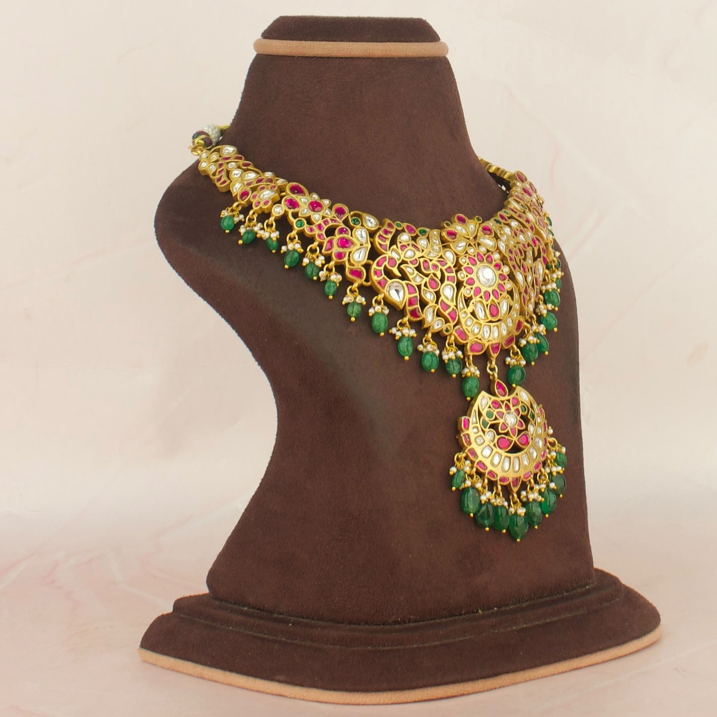 Unique Gold Style Chand Bali Design Jadau Kundan Short Necklace with Green Beads