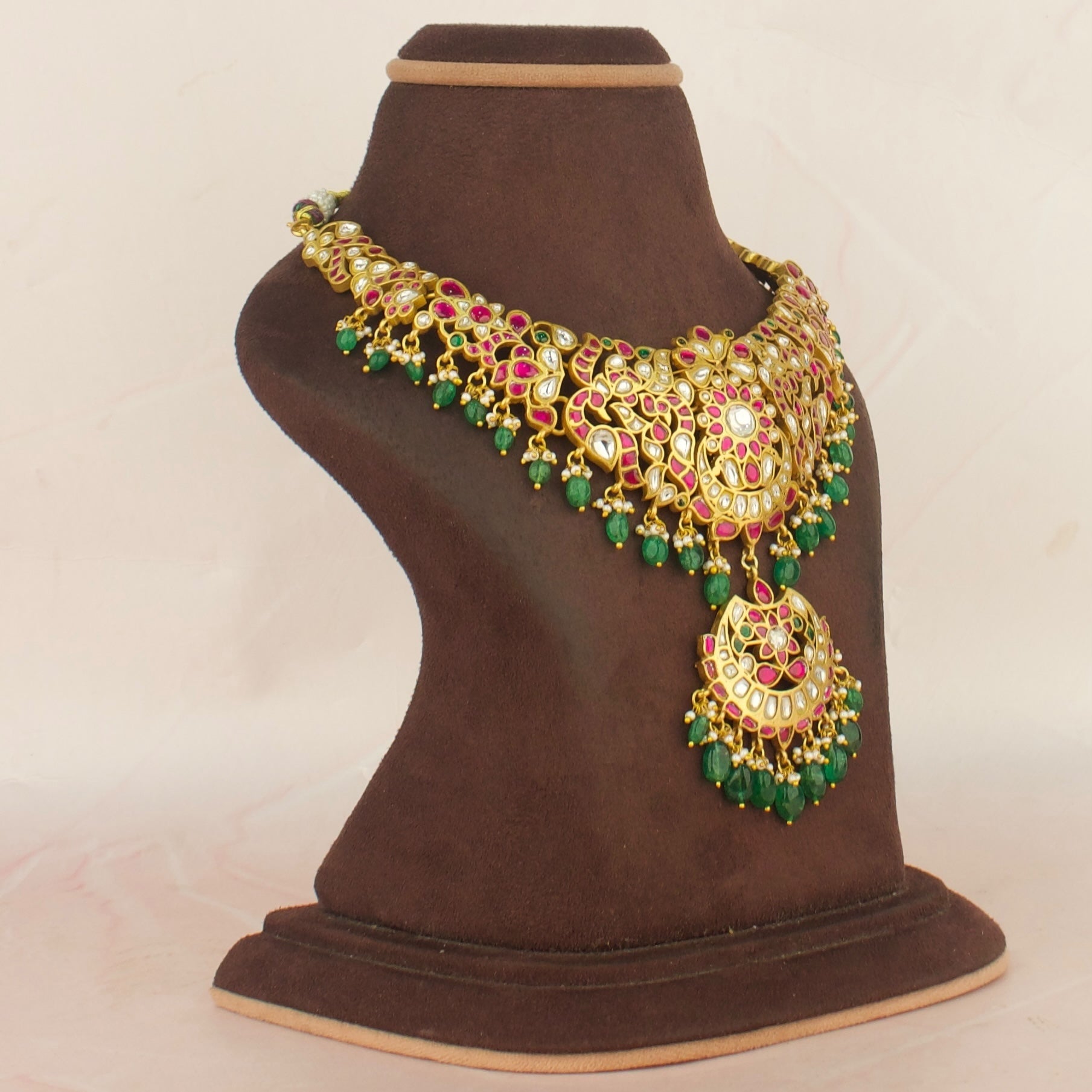 Unique Gold Style Chand Bali Design Jadau Kundan Short Necklace with Green Beads