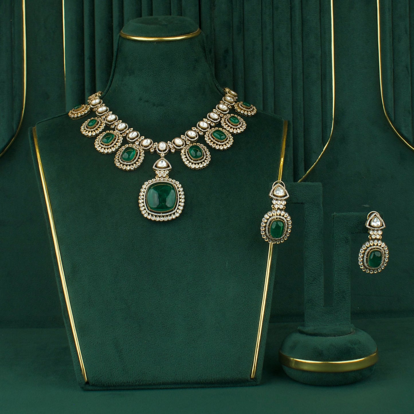 Deluxe Polki Mehandi Victorian Short Necklace With Matching Earrings
