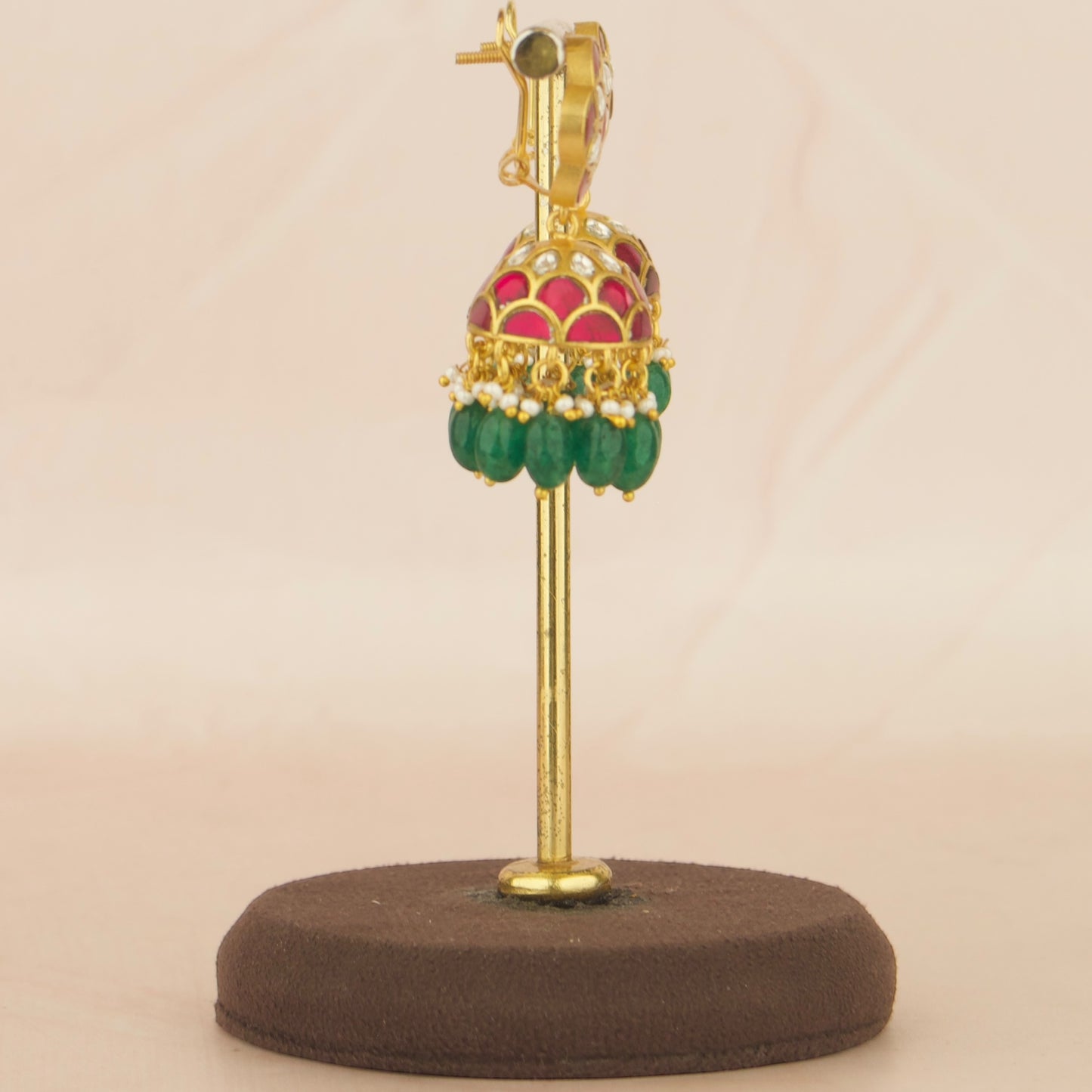 Floral Design Studded Jadau Kundan Jhumki with Green Beads