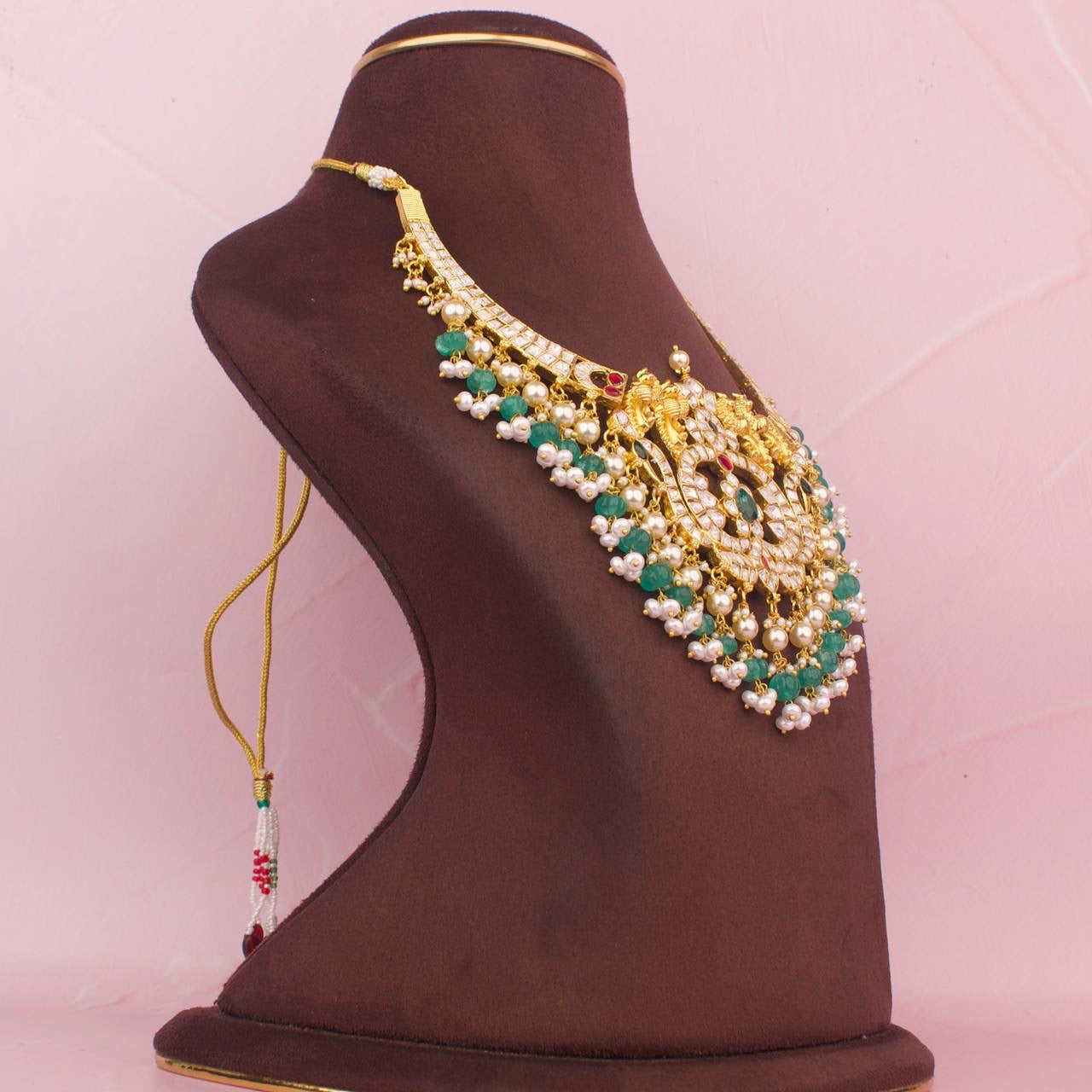 Grand Moissanite Polki Necklace With Pearl & Beads Hanging