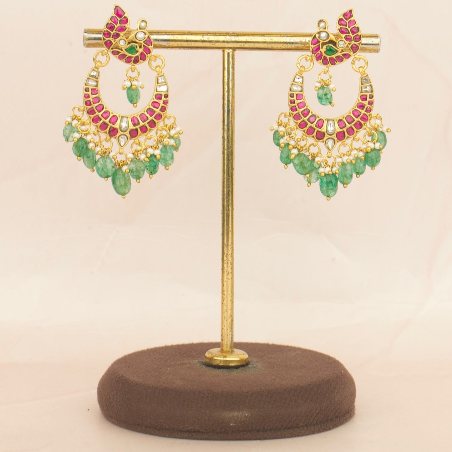 Peacock Studded Jadau Kundan Chandbali Earrings WIth Green Beads As Hangings