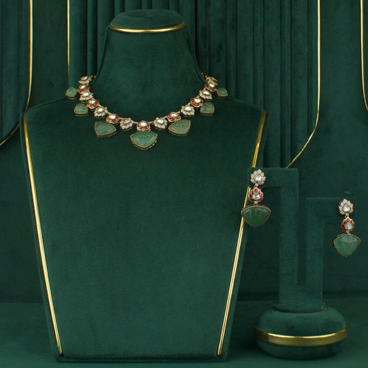 Sleek Fusion Kundan & Polki Mehandi Short Necklace With Matching Earrings