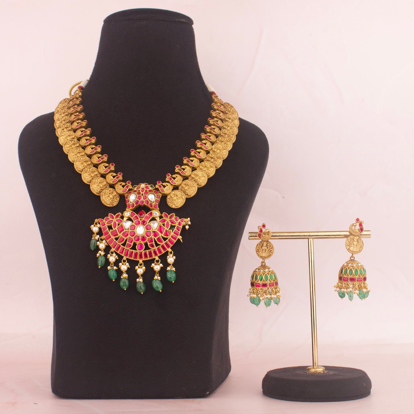 Gold Inspired Jadau Kundan Kasula Necklace With Matching Earrings - DULHAN JEWELS