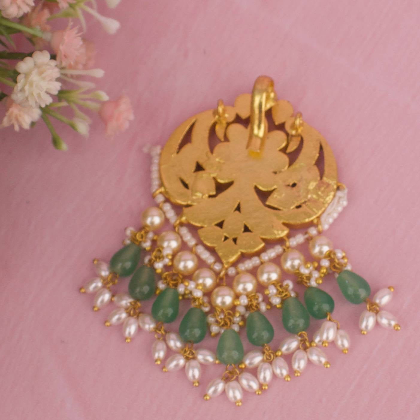 Peacock Design Jadau Kundan Pendant With Guttapusalu Hangings