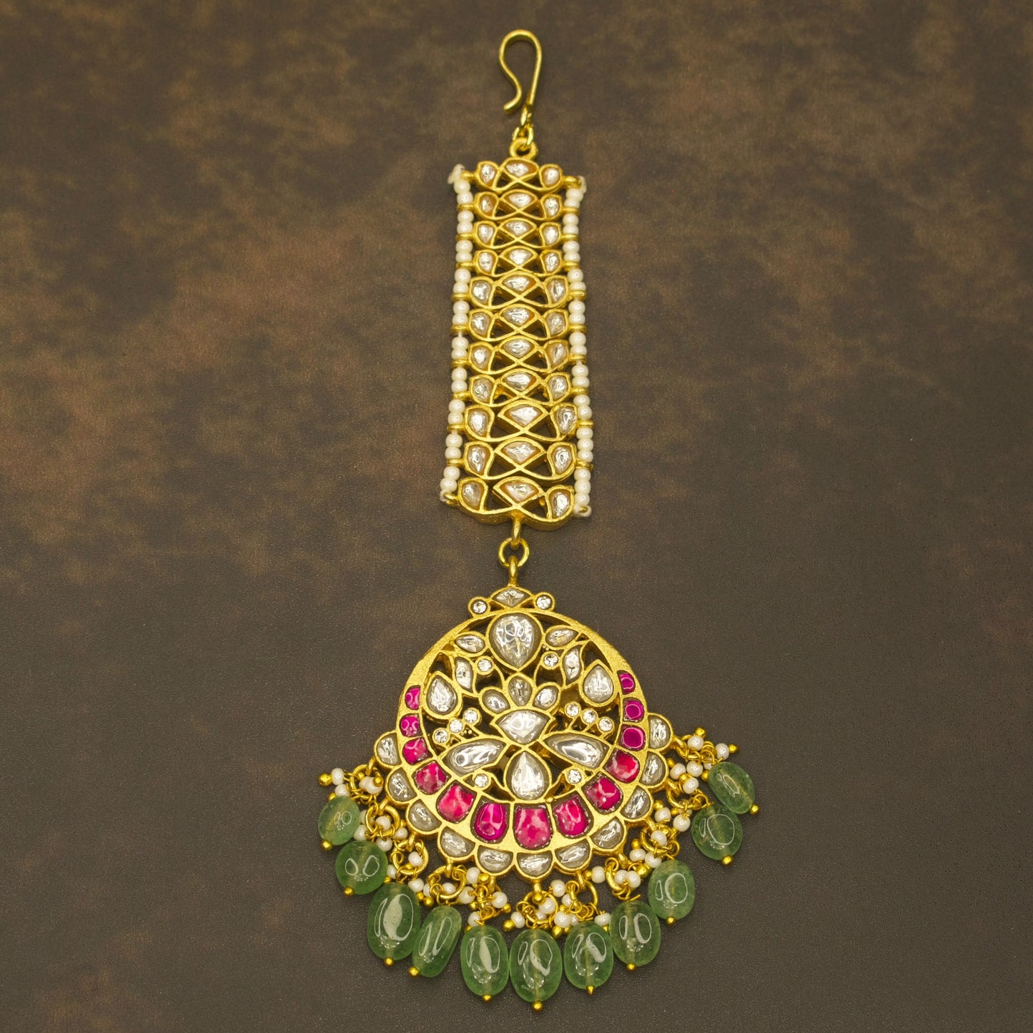 Bridal Gold plated Jadau Kundan Maang Tikka with Russian beads