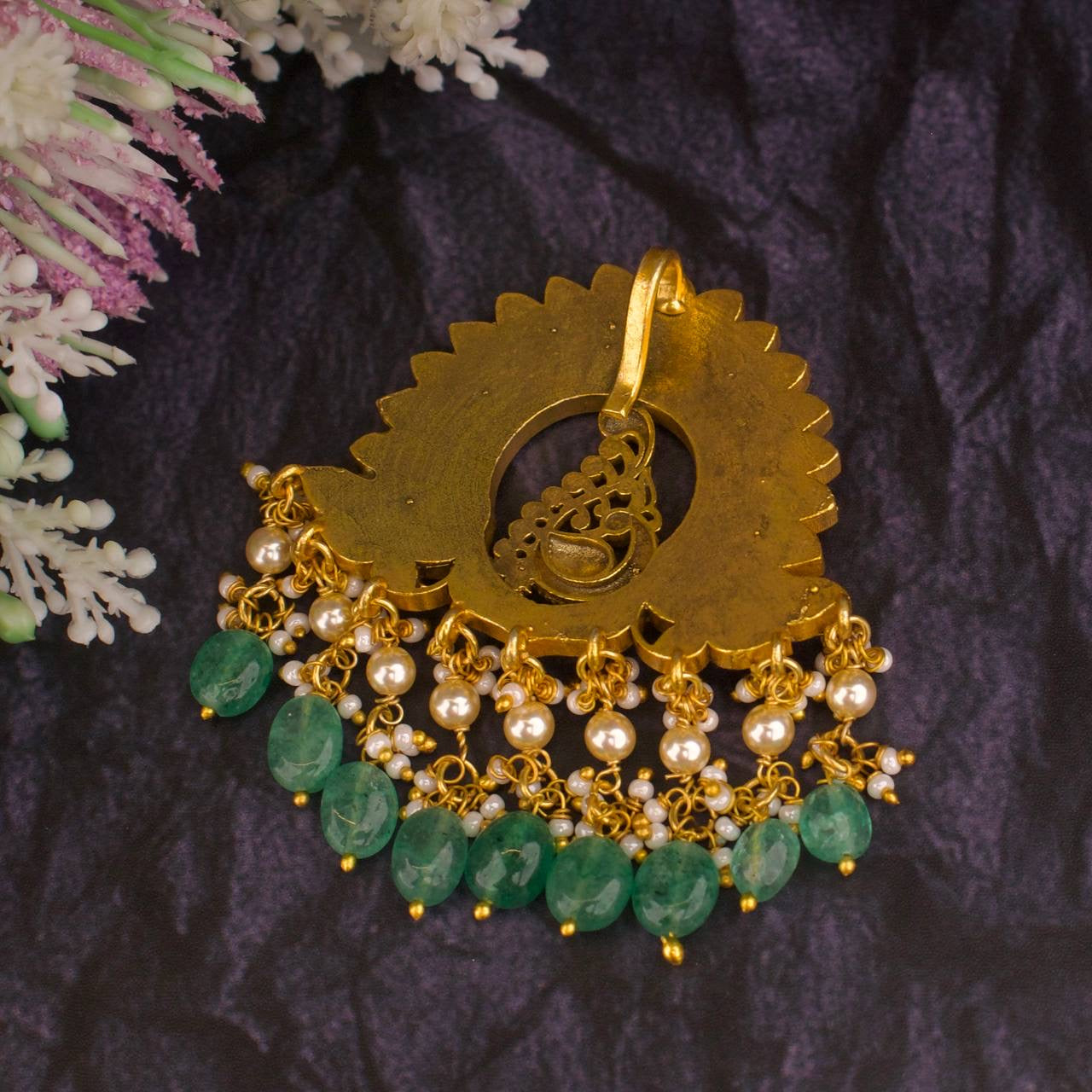Nakas Kundan Peacock Feather Design Locket With Pearls & Beads Hangings