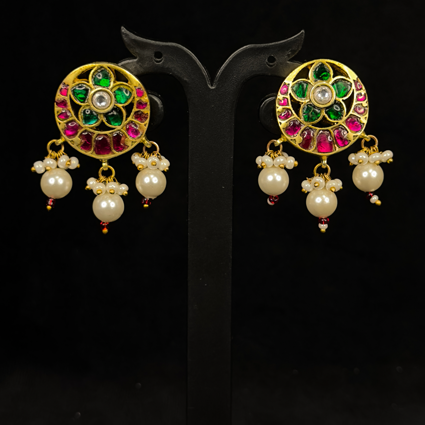 Intricate Flower Stud Earrings in Jadau Kundan with Pearls - DULHAN JEWELS