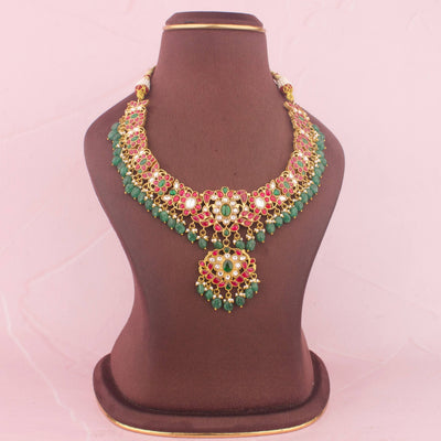 Classic Floral Jadau Kundan Necklace With Emerald Beads