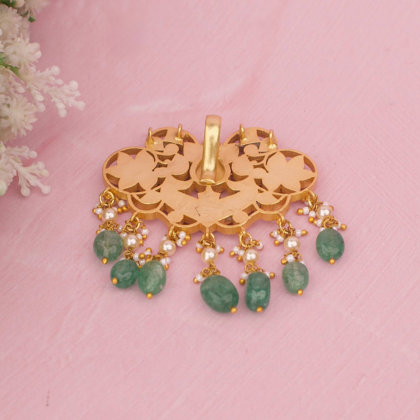 Designer Jadau Kundan Peacock Style Locket With Green Beads