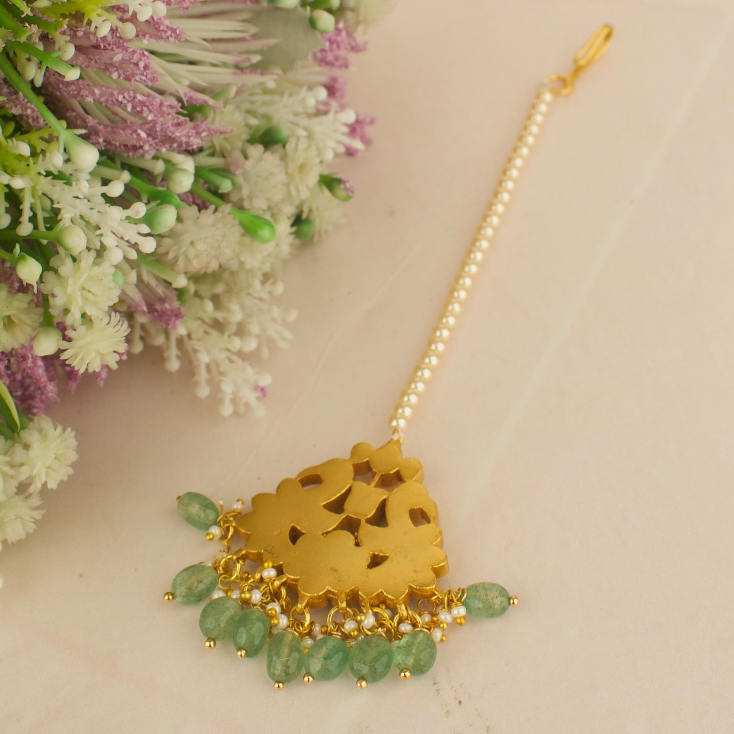 Floral Peacock Design Jadau Kundan Long Maang Tikka with Swarovski chain