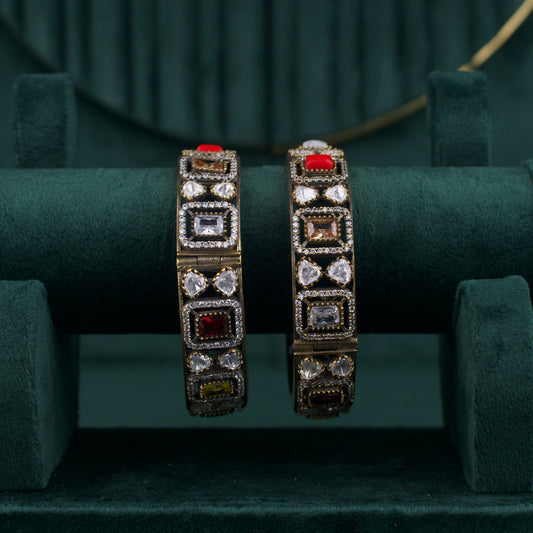 Traditional Victorian Polki Bangles with AD stones in Navaratna colour