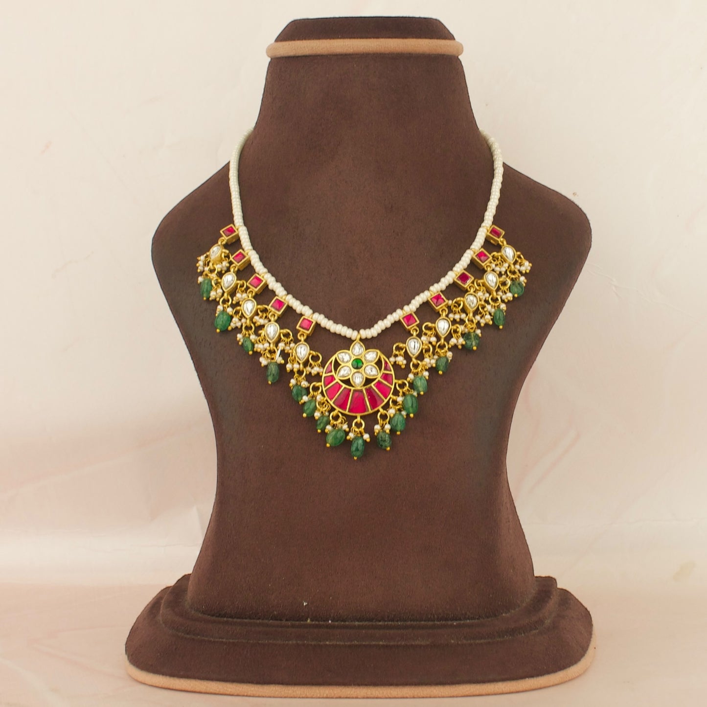 Elegant Chandbali Floral Design Jadau Kundan Beads Necklace