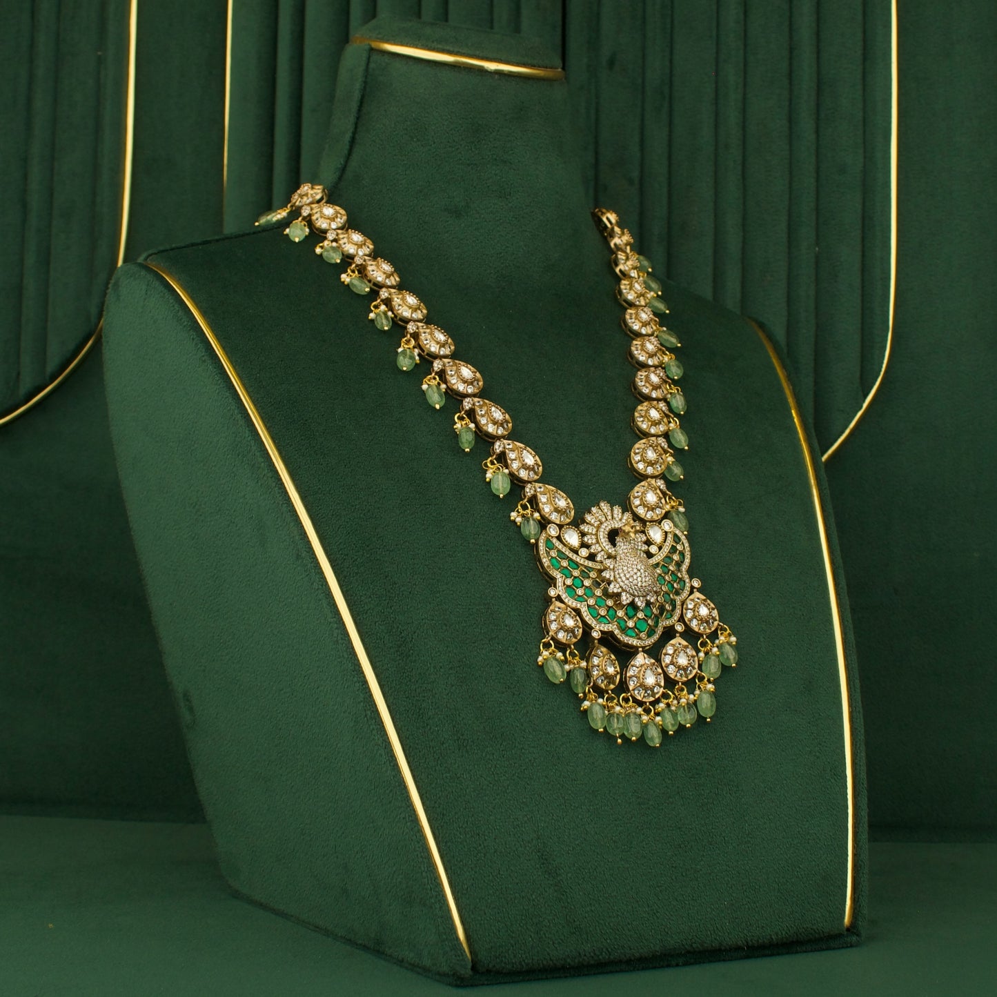 Peacock Design Fusion Kundan & Polki Victorian Necklace Set