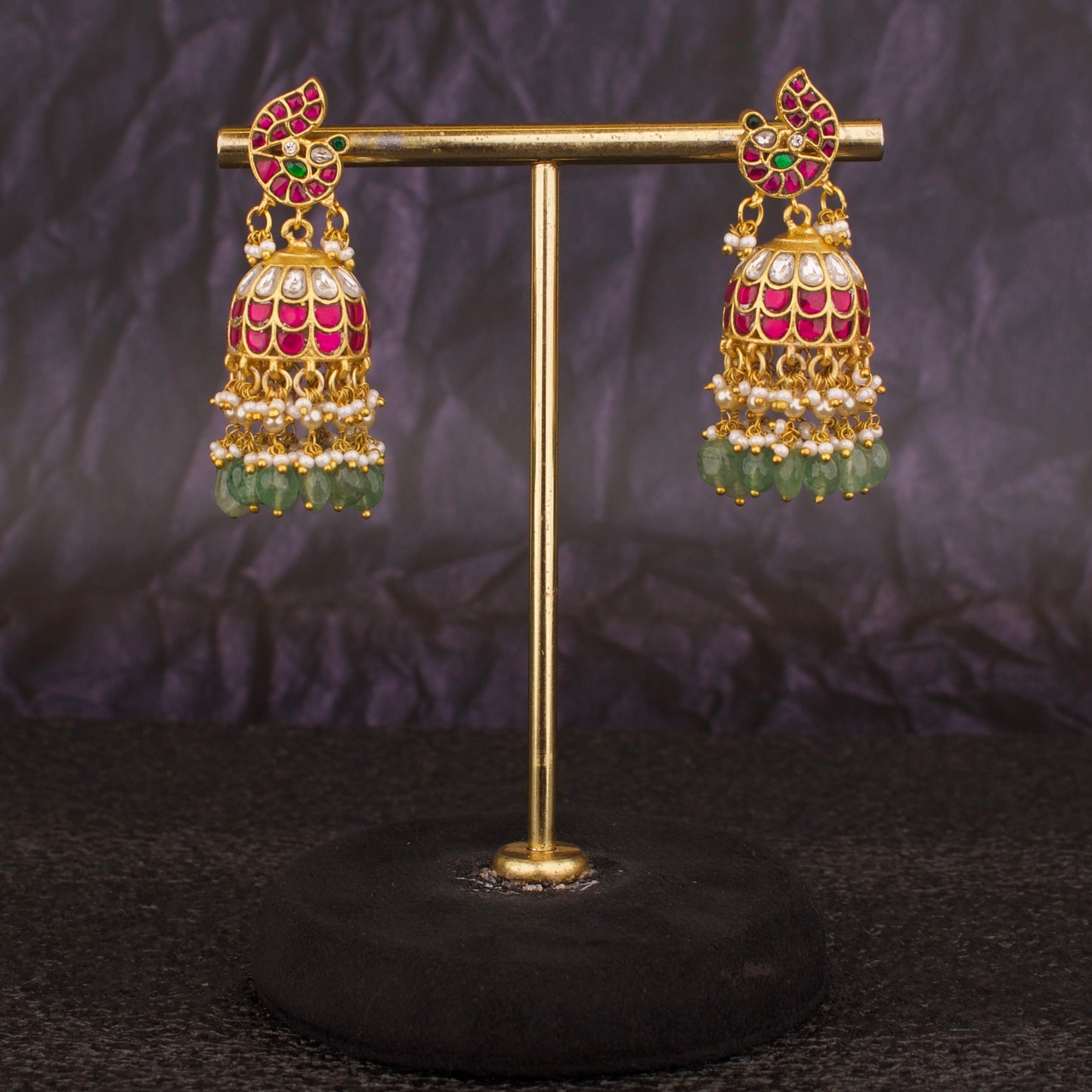 Peacock Studded Jadua Kundan Jhumka Earrings With Triple Step Hangings