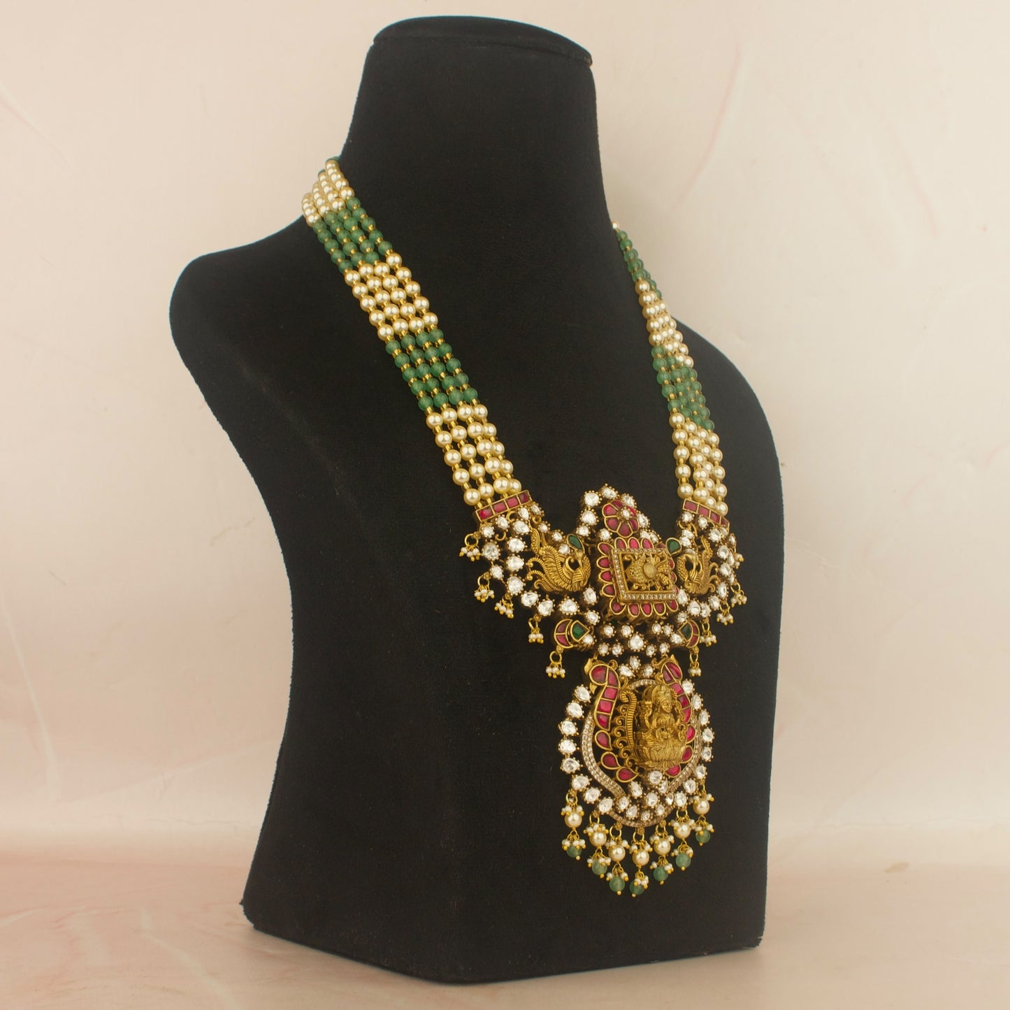 Divine Lakshmi Devi nakshi jadau necklace set with green bead strands