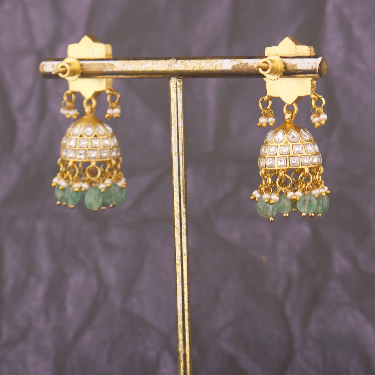 Classic Jadau Kundan Jhumka Earrings With Green Drops