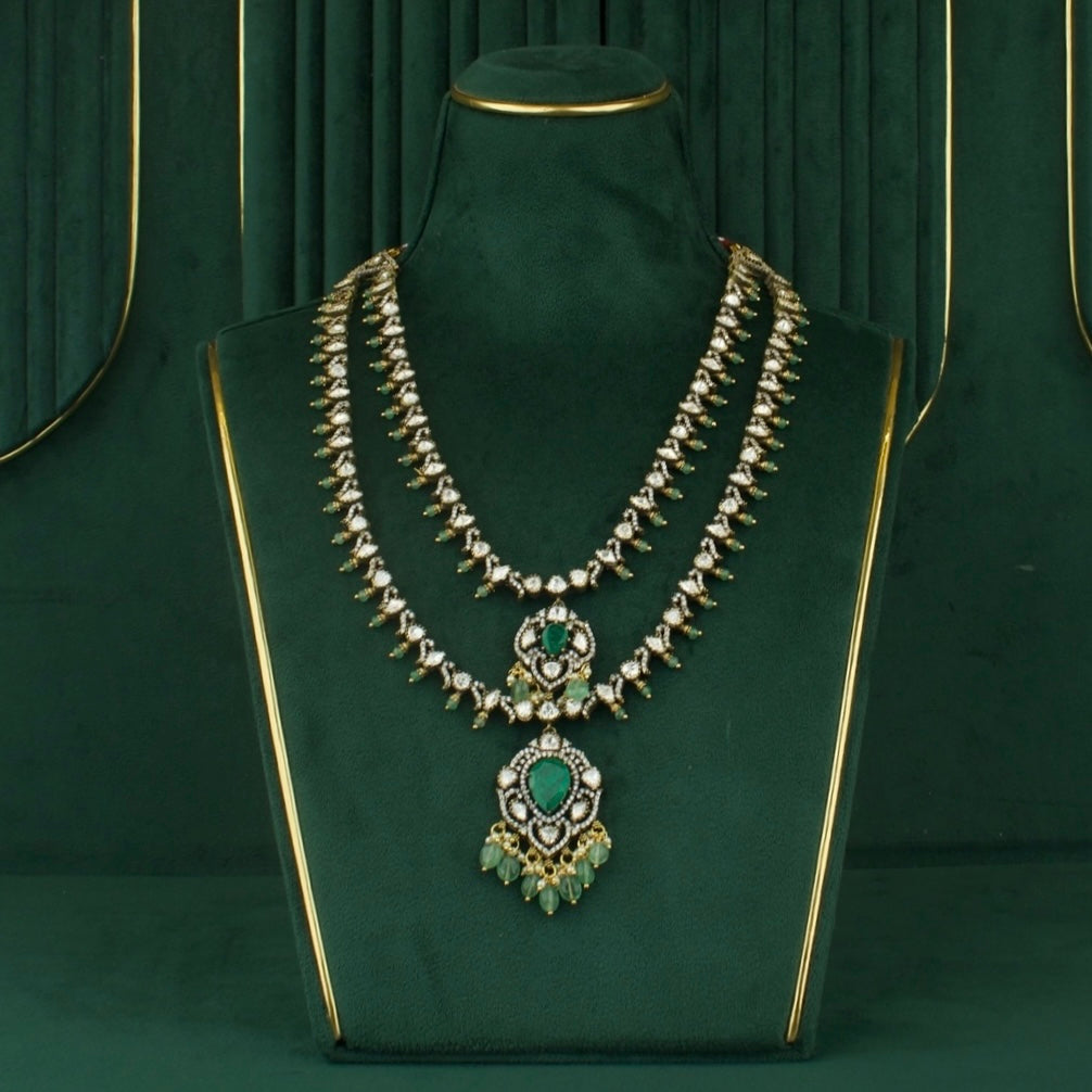 Sleek Design Fusion Kundan & Polki Victorian Double Layer Haram With Matching Earrings