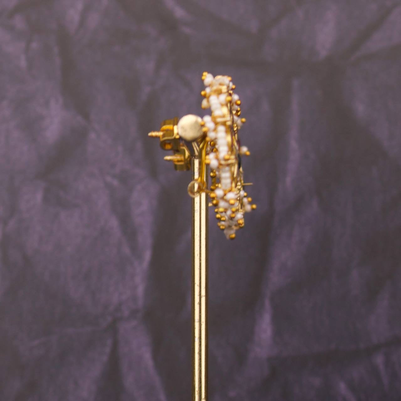 Floral Design Jadau Kundan Stud Earrings With Pearl Bordering