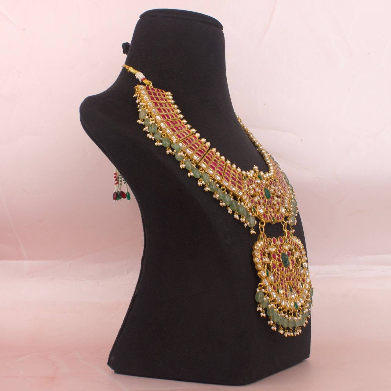 Bridal Heavy Jadau Kundan Necklace With Strawberry Beads as Hangings