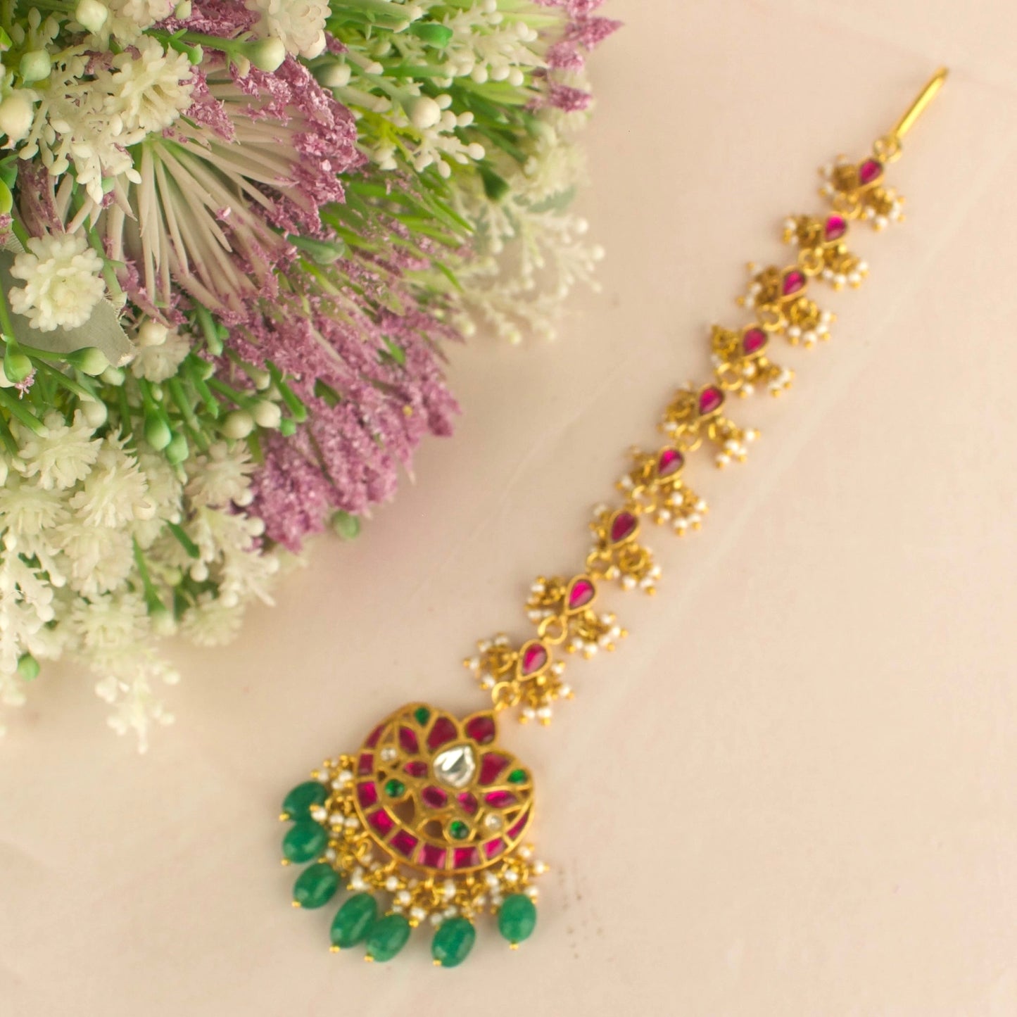Lotus Chandbali Design Jadau Kundan Long Maangtika