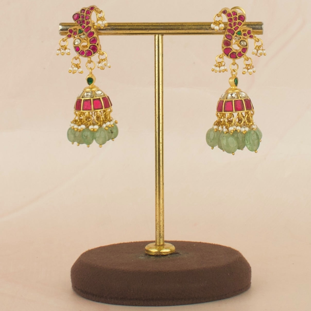Peacock Design Studded Jadau Kundan Jhumki with Green Beads