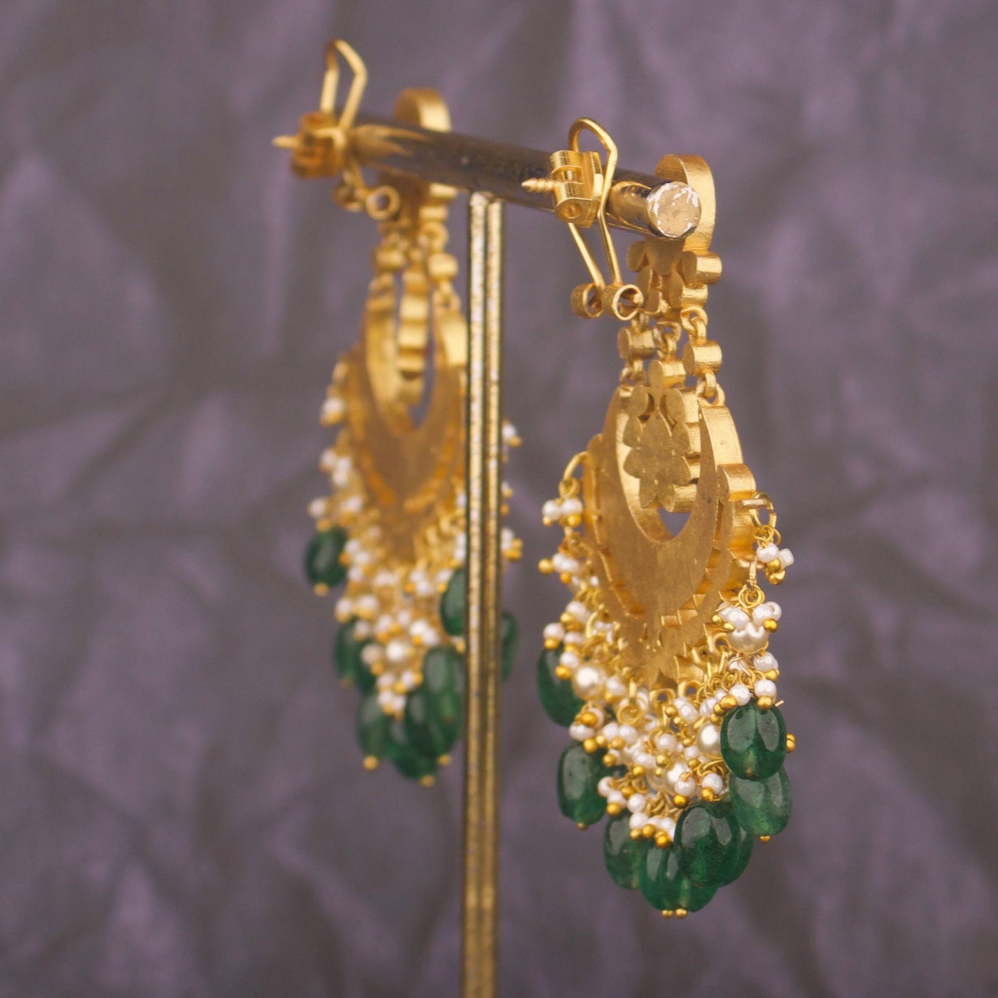 Royal Jadau Kundan Chandbali Earrings With Emerald Beads