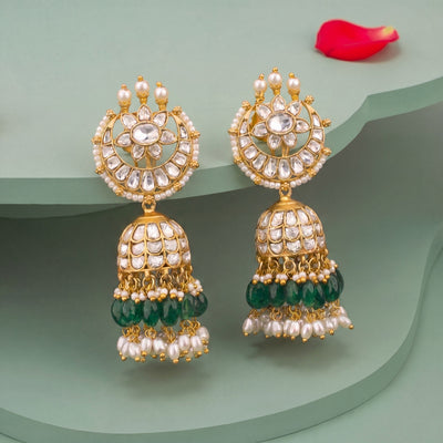 Moissanite Polki Jhumki Earrings With Green Beads