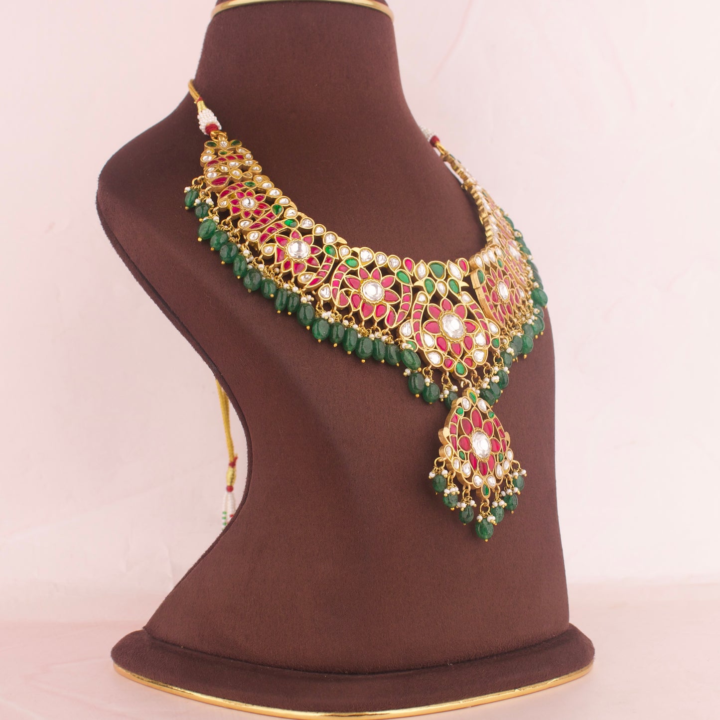 Elegant Floral Design Jadau Kundan Short Necklace with Green Beads Hanging - DULHAN JEWELS