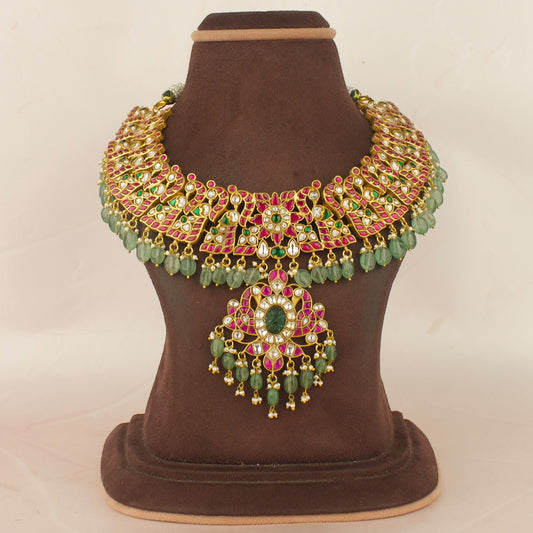 Celestial Jadau Kundan Bridal Necklace With Bead Hangings