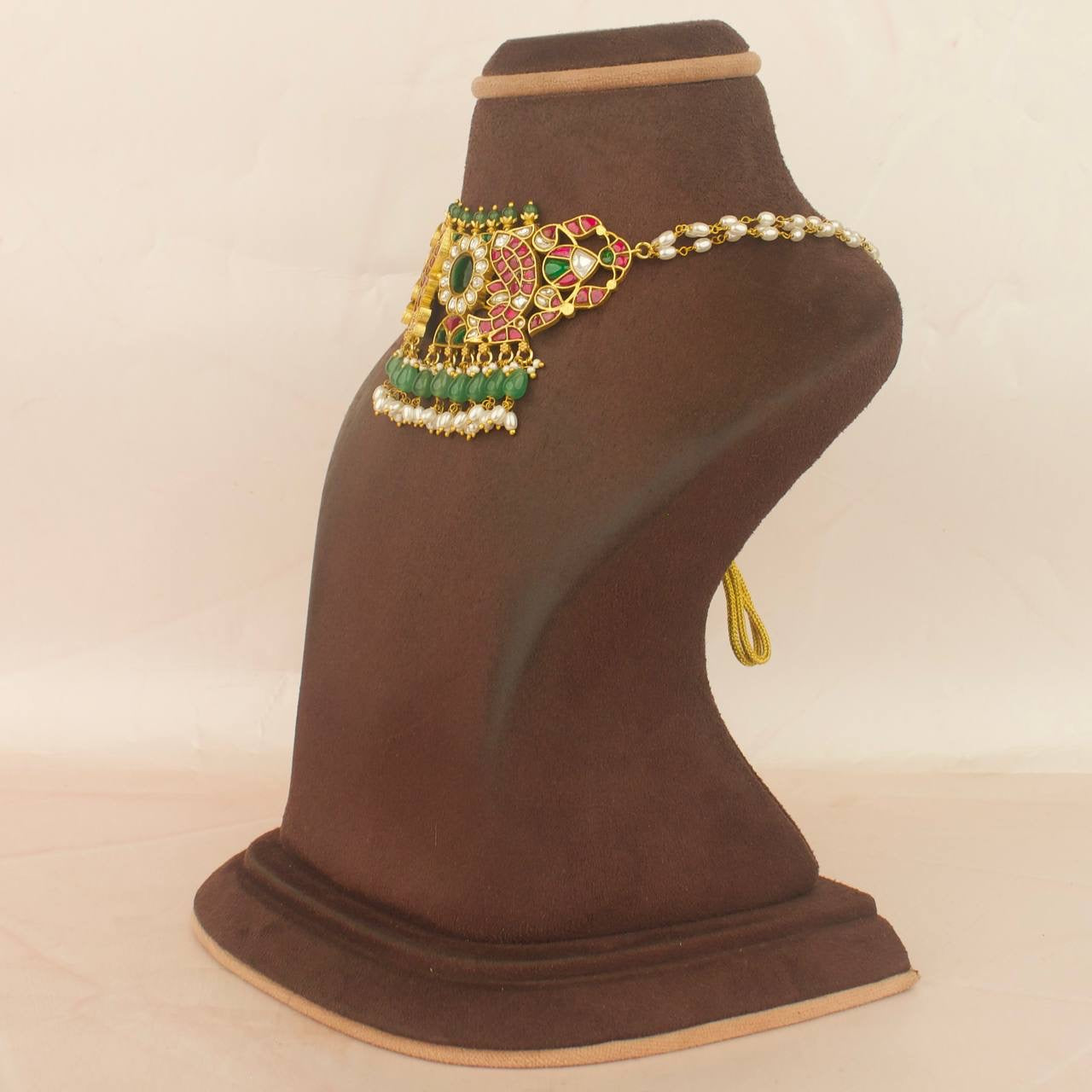 Designer jadau kundan choker with pearl chain and green beads