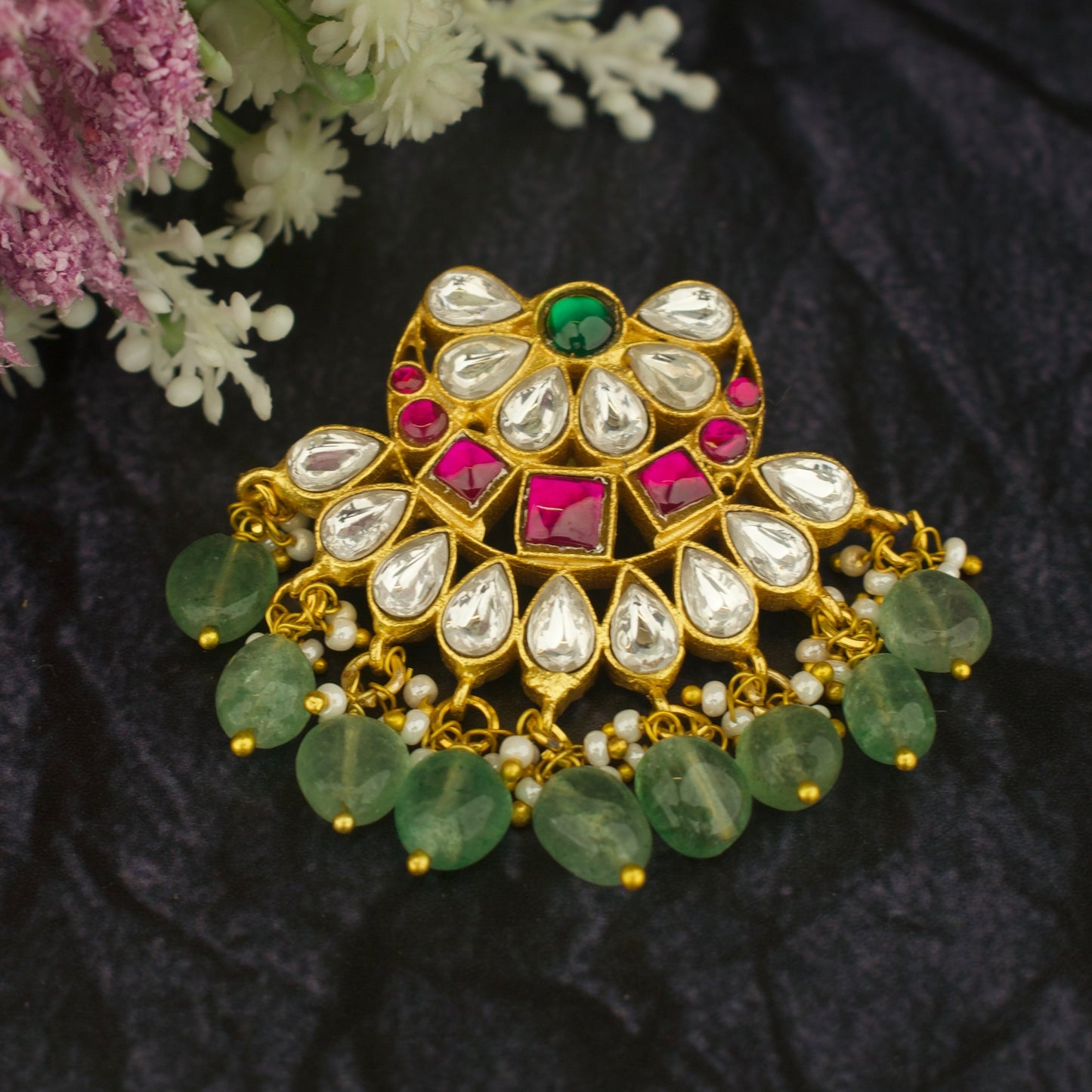 Chandbali locket in gold tone jadau kundan with pink stones and teardrop gems
