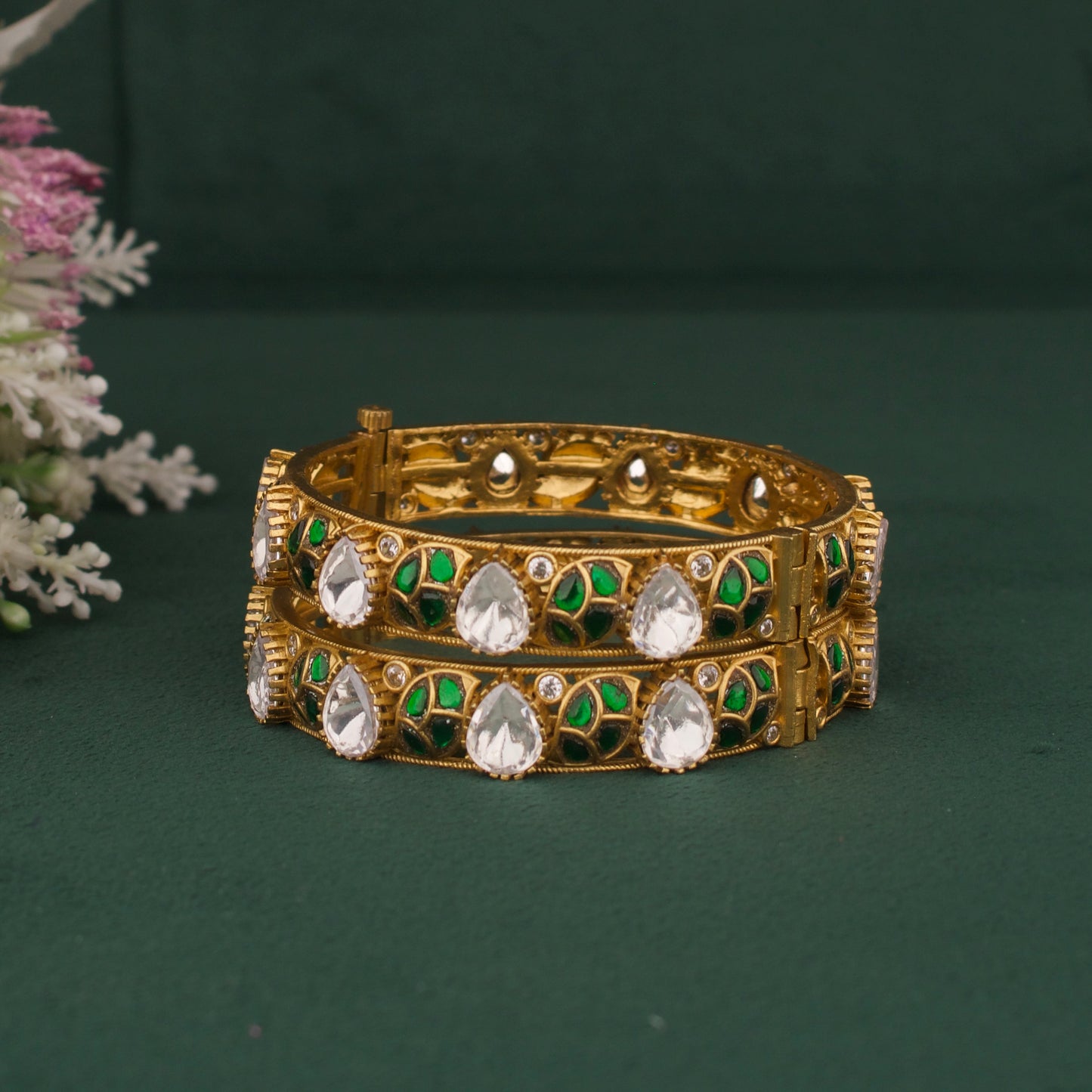 Elegant Victorian Polki Bangles With Ruby And Emerald Leaf Design in Antique Gold Finish