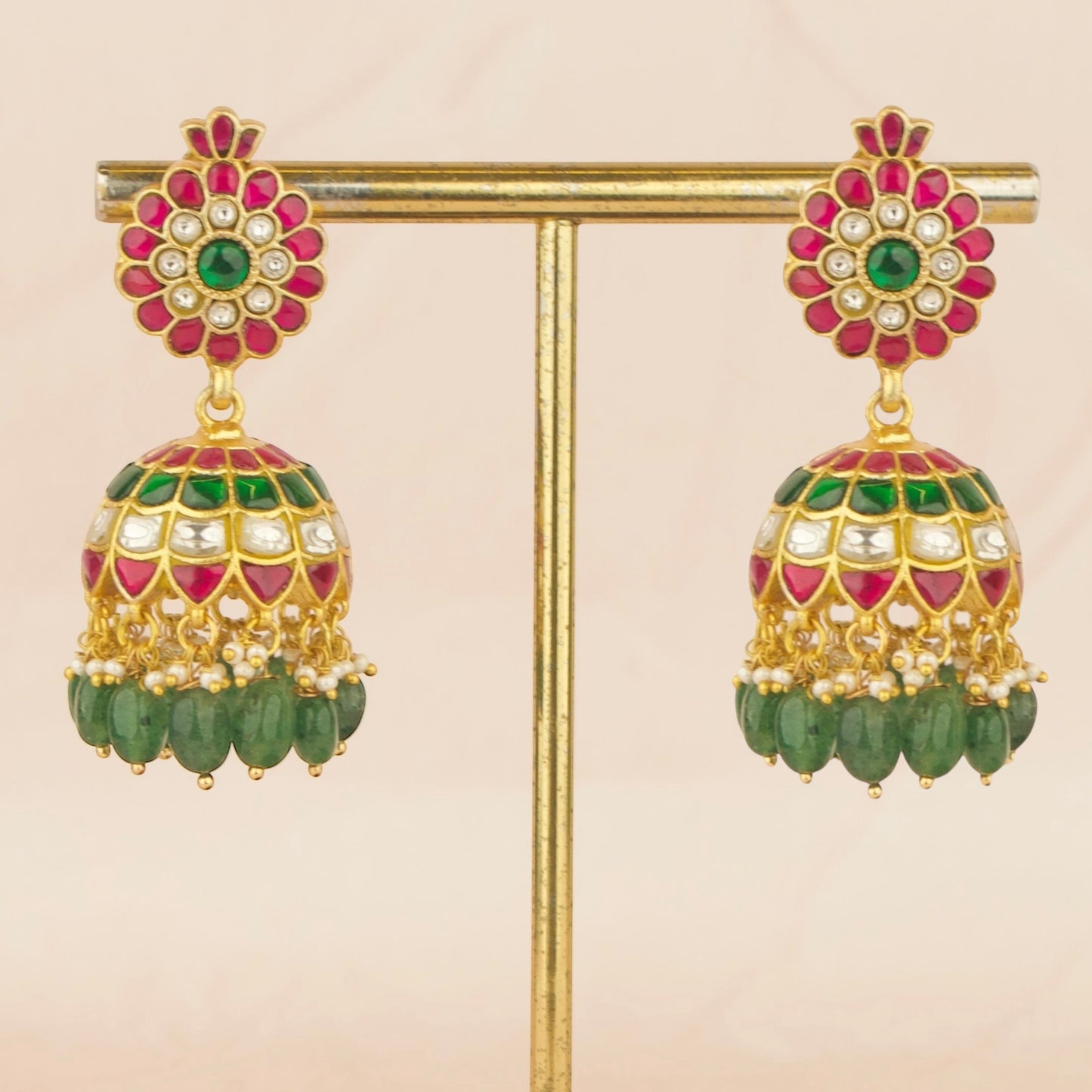 Floral Design Studded Jadau Kundan Jhumki with Green Beads