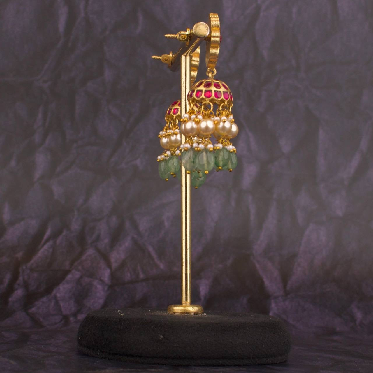 Floral Studded Jadau Kundan Jhumki With Pearl & Beads Hangings