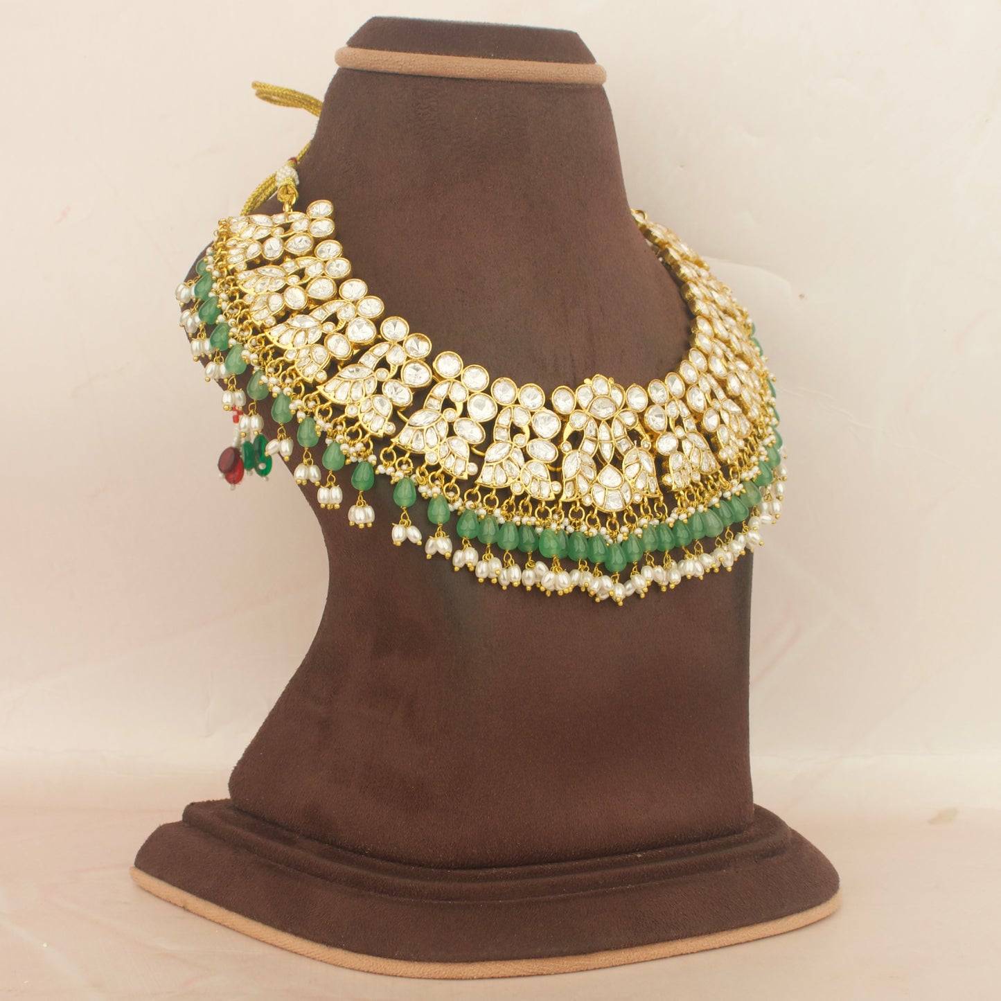 Opulent Moissanite Polki Necklace With Green Beads & Pearls As Hangings