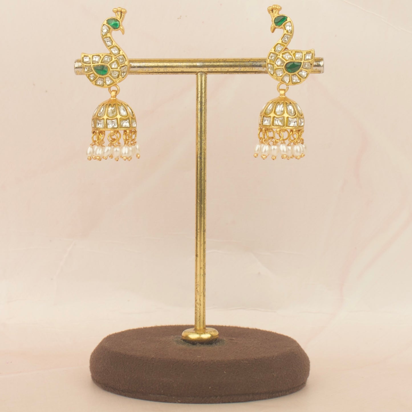 Unique Peacock Studded Jadau Kundan Jhuki With Guttapusalu Hangings