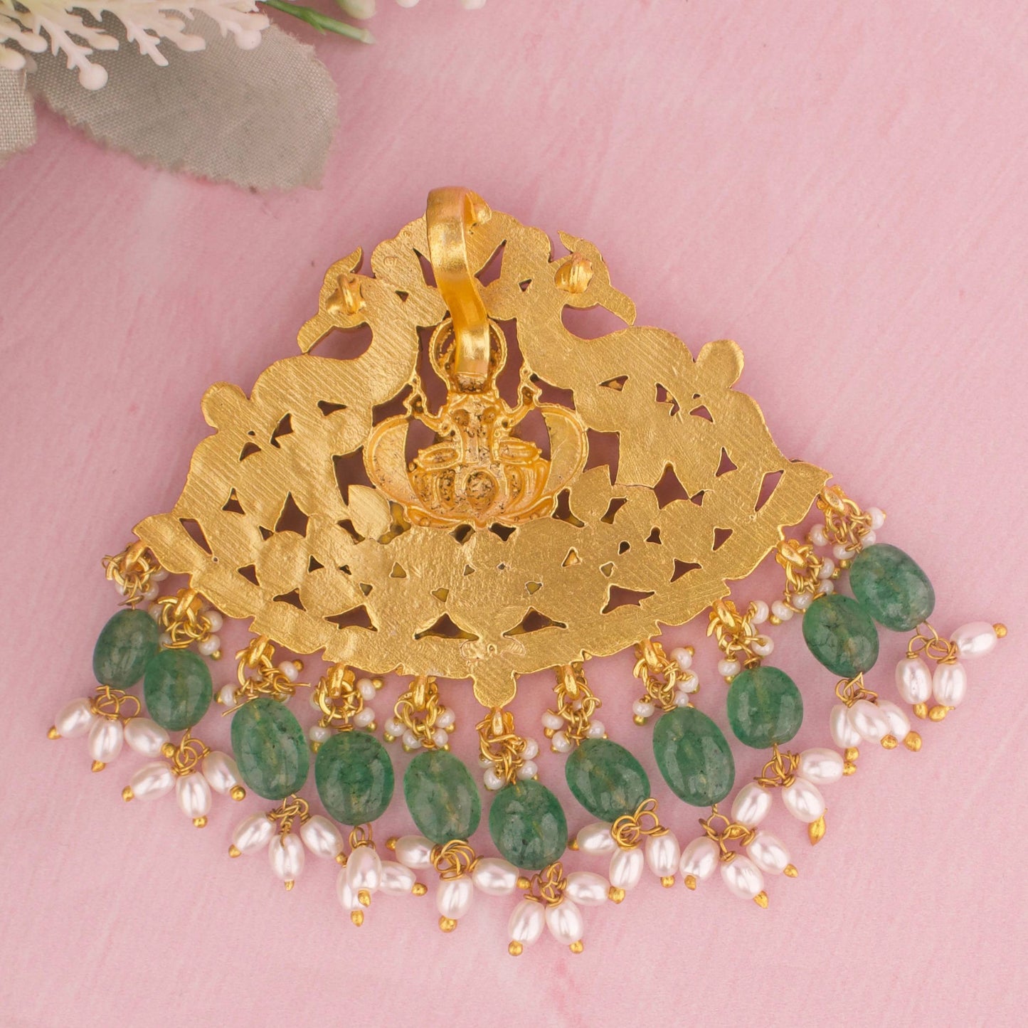Traditional Jadau Kundan Pendant With Green Hangings