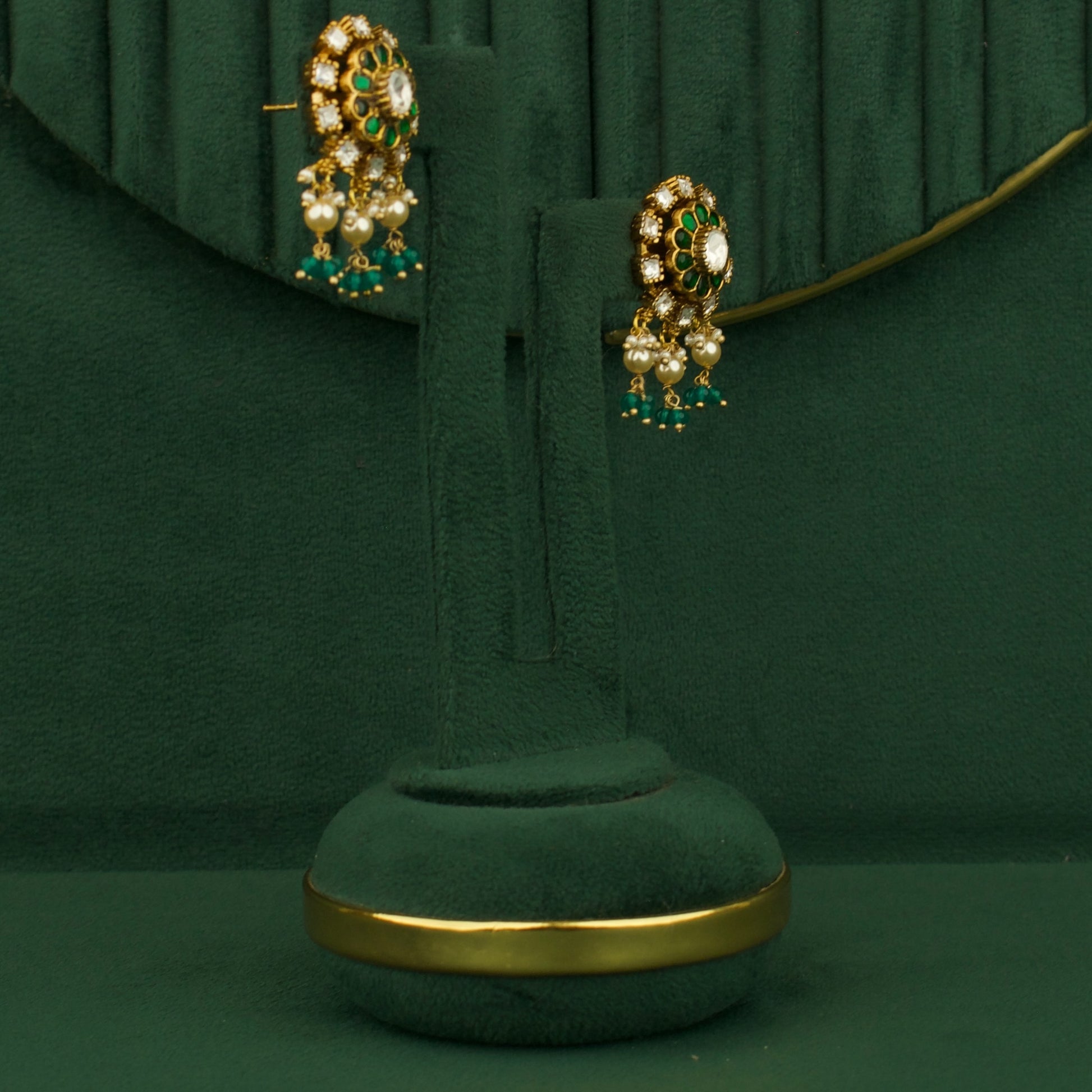 Classic Victorian Kundan & Polki Studs With Pearl & Beads Hanging