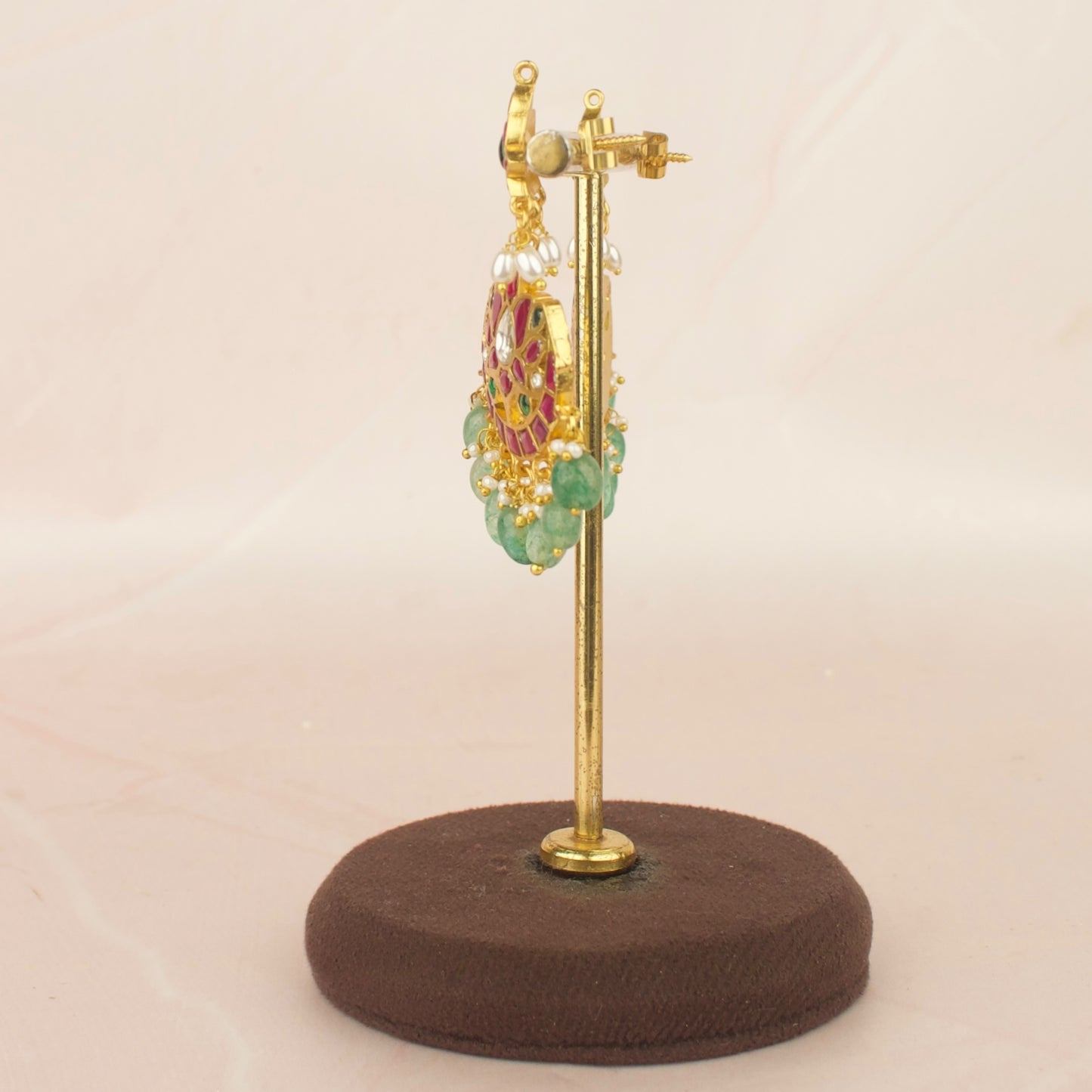 Lotus Design Jadau Kundan Chandi Bali with Green Beads