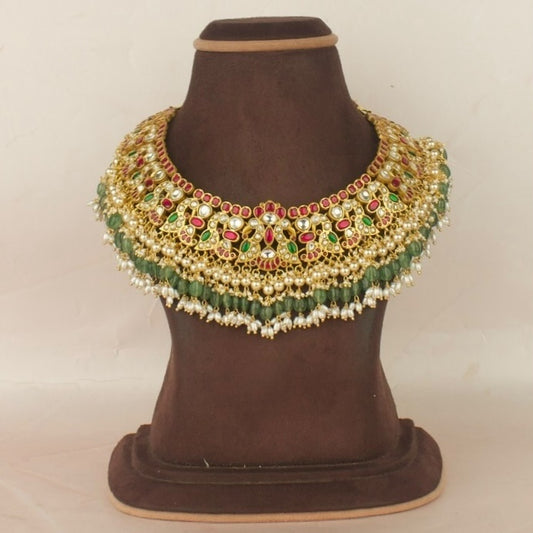 Bridal Peacock Design Jadau Kundan Necklace with Green Beads