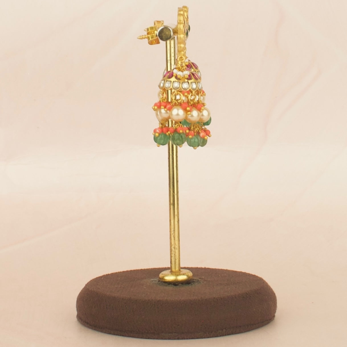 Impressive Floral Design Studded Jadau Kundan Jhumki with Orange beads