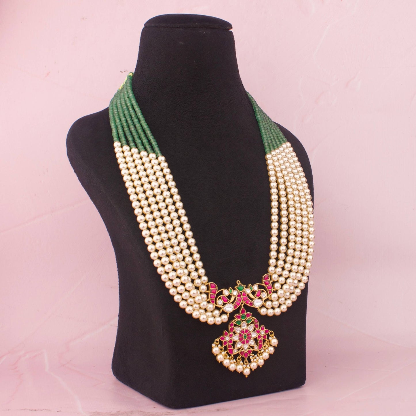 Classic Jadau Kundan Beads Mala In Swarovski Pearl